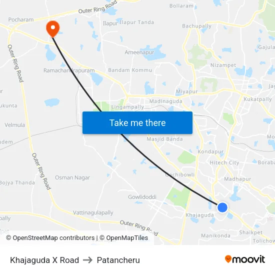 Khajaguda X Road to Patancheru map