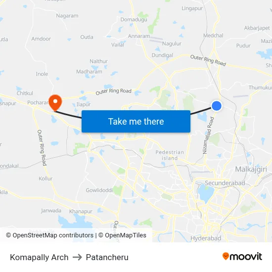 Komapally Arch to Patancheru map