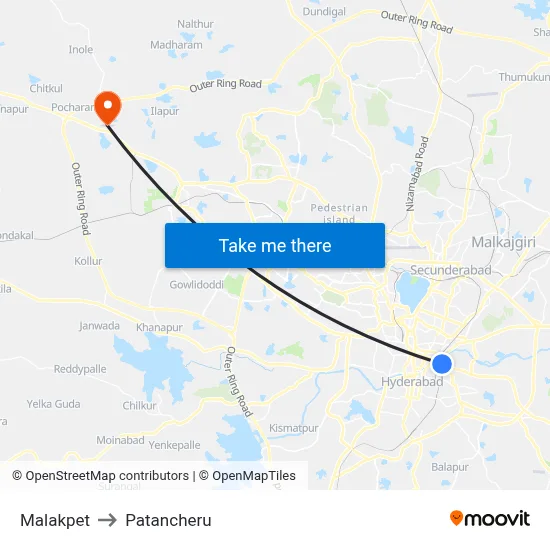 Malakpet to Patancheru map
