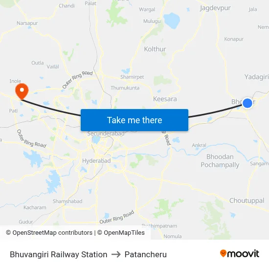 Bhuvangiri Railway Station to Patancheru map