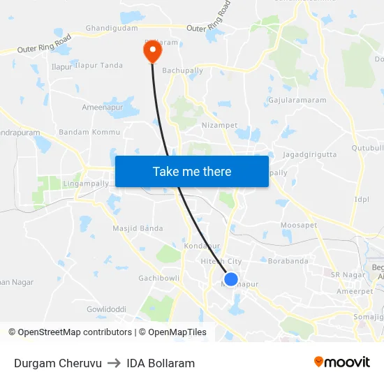 Durgam Cheruvu to IDA Bollaram map
