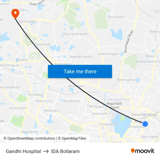 Gandhi Hospital to IDA Bollaram map