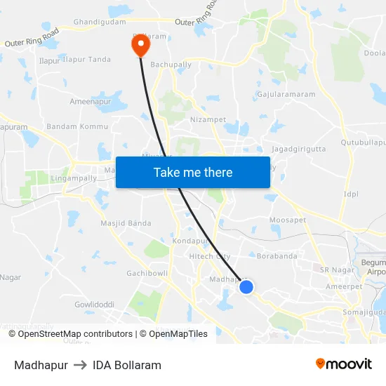 Madhapur to IDA Bollaram map