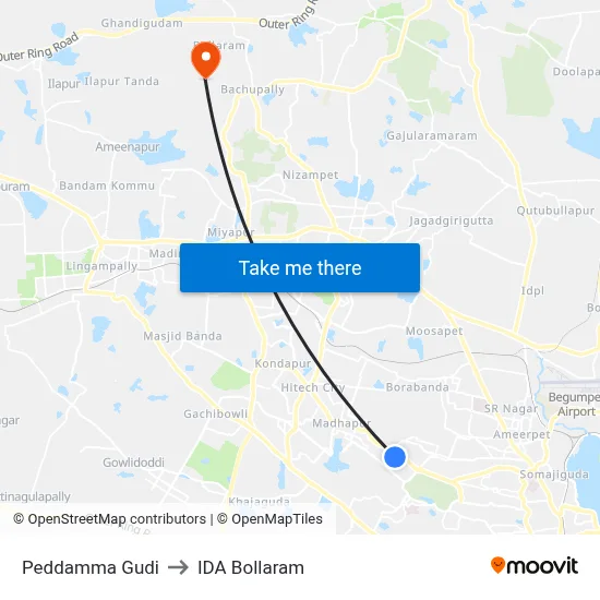 Peddamma Gudi to IDA Bollaram map
