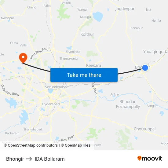 Bhongir to IDA Bollaram map