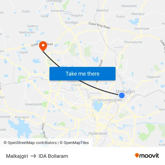 Malkajgiri to IDA Bollaram map