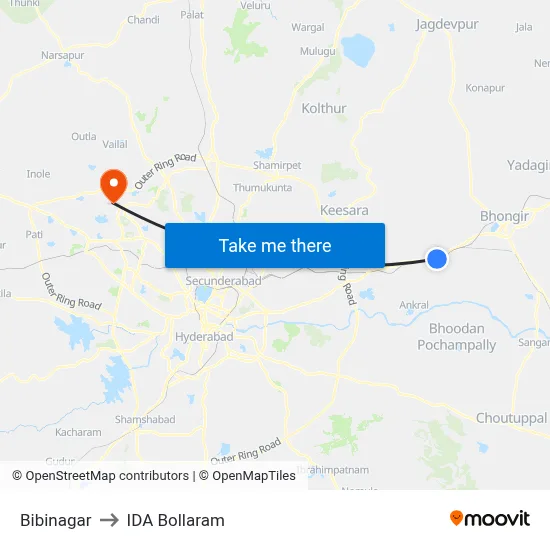 Bibinagar to IDA Bollaram map