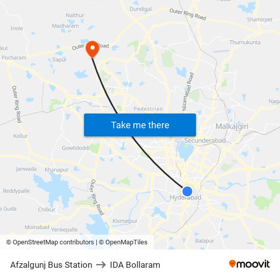 Afzalgunj Bus Station to IDA Bollaram map