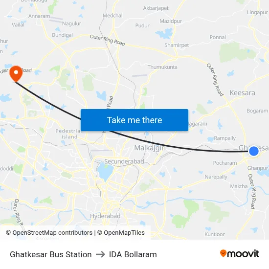 Ghatkesar Bus Station to IDA Bollaram map