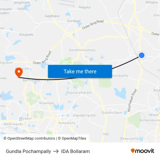 Gundla Pochampally to IDA Bollaram map