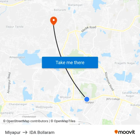 Miyapur to IDA Bollaram map