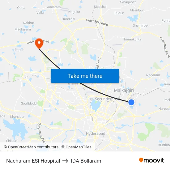 Nacharam ESI Hospital to IDA Bollaram map
