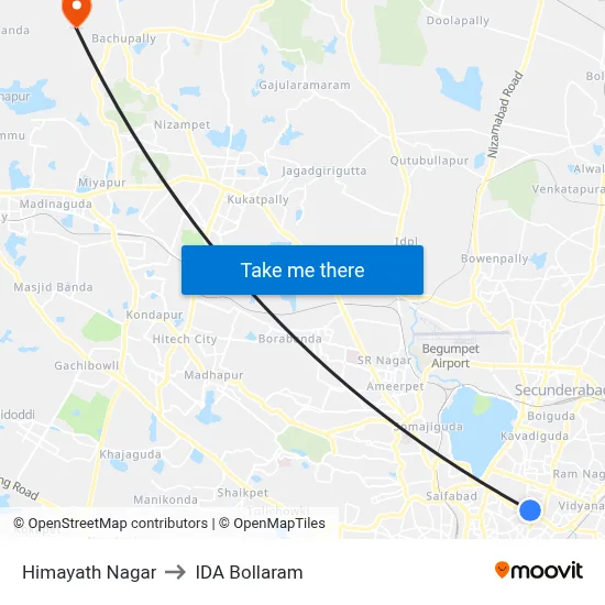 Himayath Nagar to IDA Bollaram map