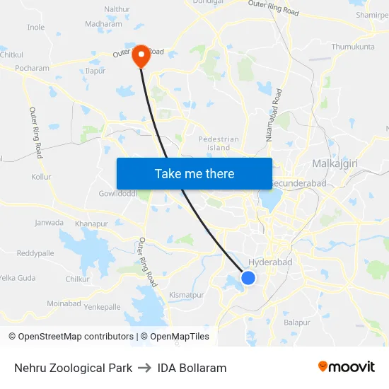 Nehru Zoological Park to IDA Bollaram map