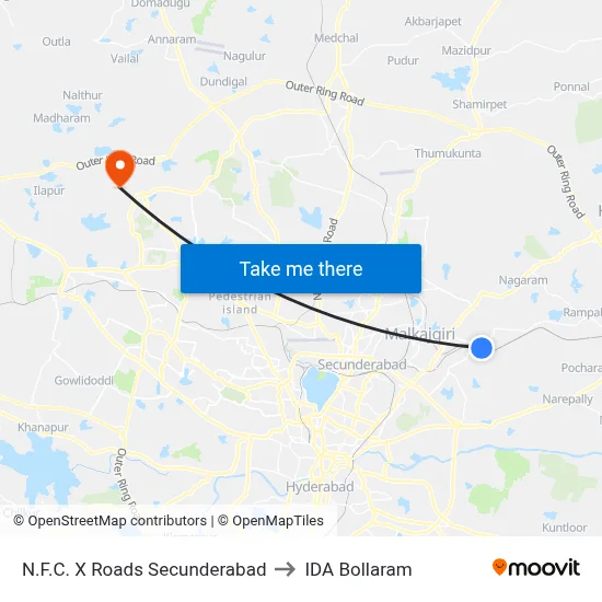 N.F.C. X Roads Secunderabad to IDA Bollaram map