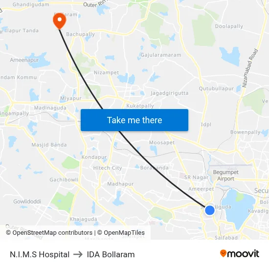 N.I.M.S Hospital to IDA Bollaram map