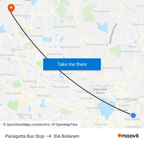 Parsigutta Bus Stop to IDA Bollaram map