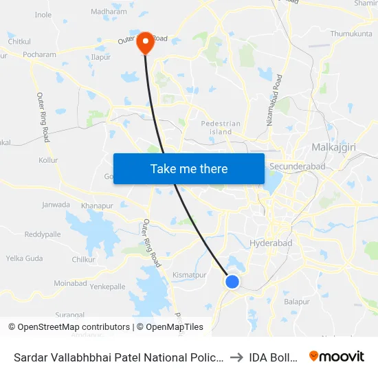 Sardar Vallabhbhai Patel National Police Academy to IDA Bollaram map