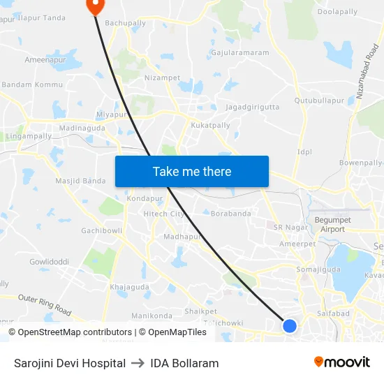 Sarojini Devi Hospital to IDA Bollaram map