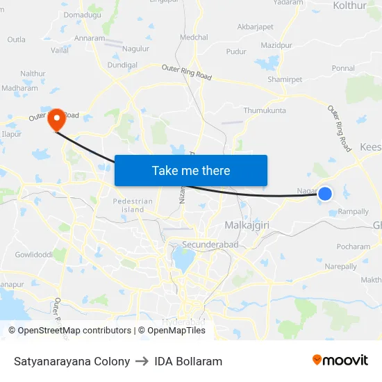 Satyanarayana Colony to IDA Bollaram map