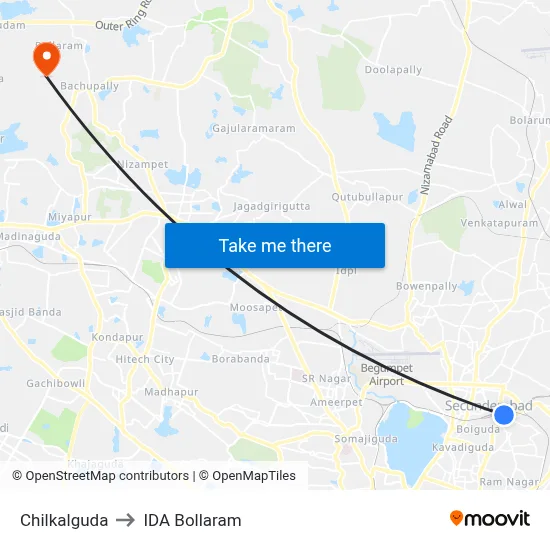 Chilkalguda to IDA Bollaram map