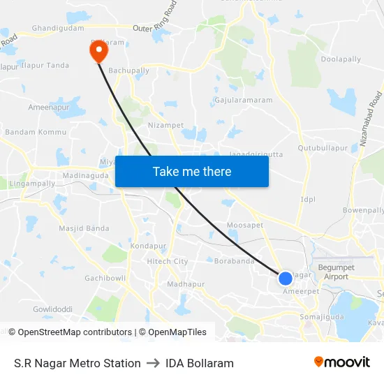 S.R Nagar Metro Station to IDA Bollaram map
