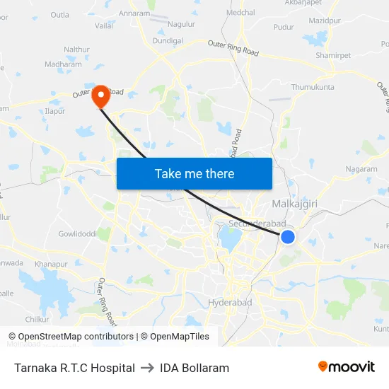 Tarnaka R.T.C Hospital to IDA Bollaram map