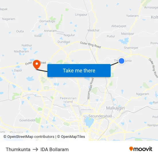 Thumkunta to IDA Bollaram map