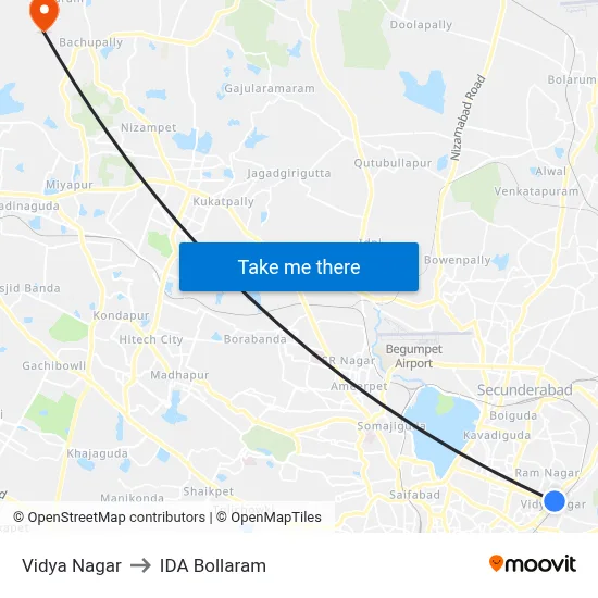 Vidya Nagar to IDA Bollaram map