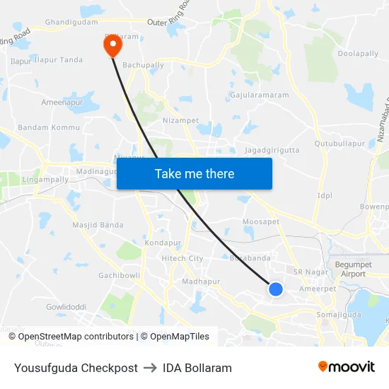 Yousufguda Checkpost to IDA Bollaram map