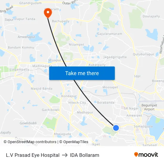 L.V Prasad Eye Hospital to IDA Bollaram map