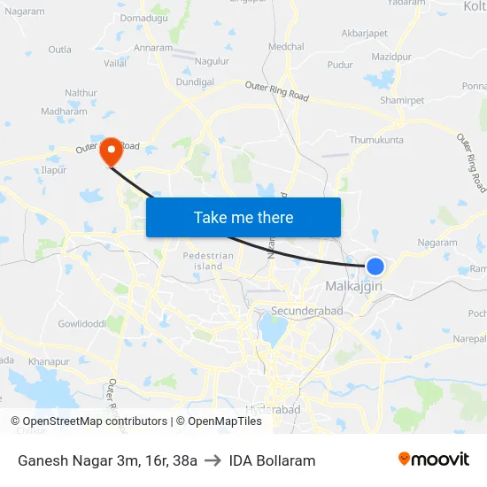 Ganesh Nagar 3m, 16r, 38a to IDA Bollaram map
