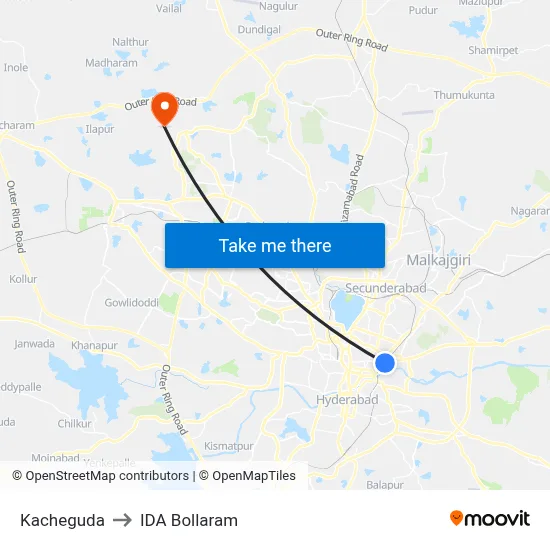 Kacheguda to IDA Bollaram map