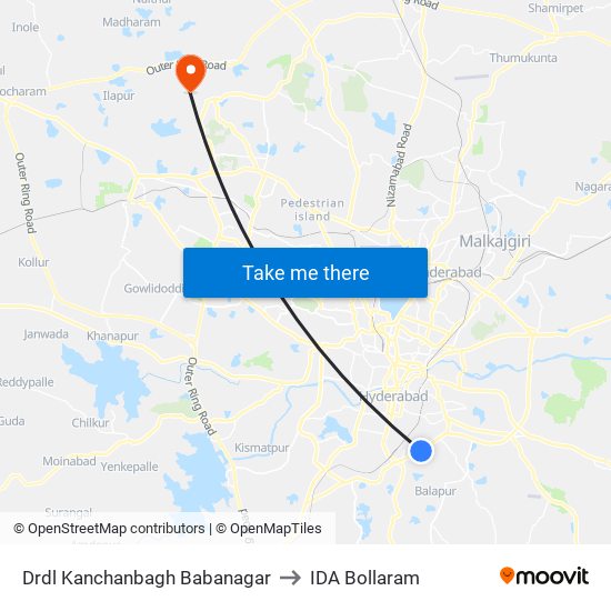 Drdl Kanchanbagh Babanagar to IDA Bollaram map