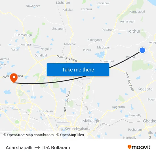 Adarshapalli to IDA Bollaram map