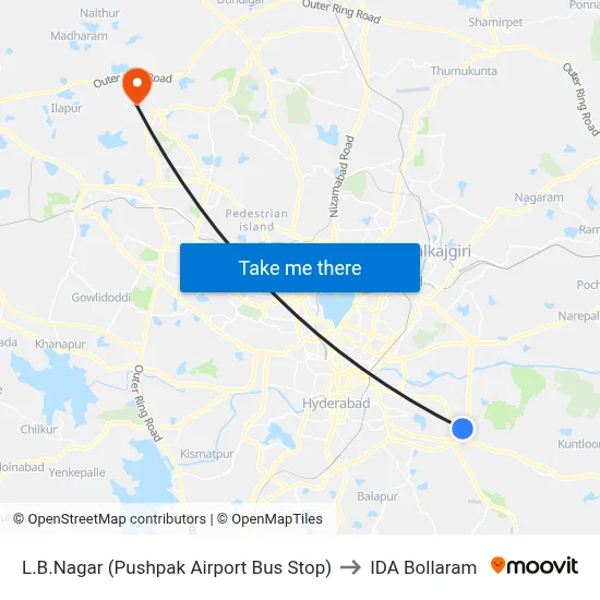 L.B.Nagar (Pushpak Airport Bus Stop) to IDA Bollaram map