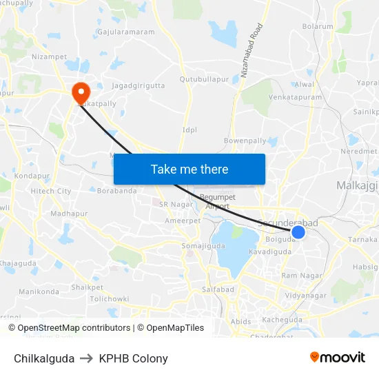 Chilkalguda to KPHB Colony map