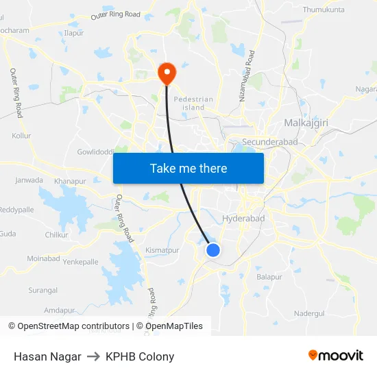 Hasan Nagar to KPHB Colony map