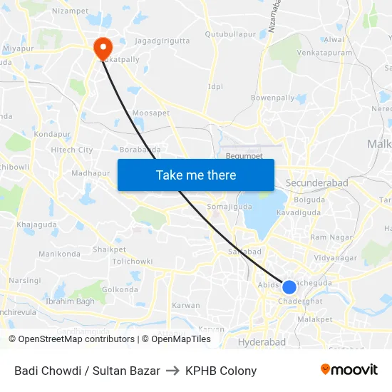 Badi Chowdi / Sultan Bazar to KPHB Colony map