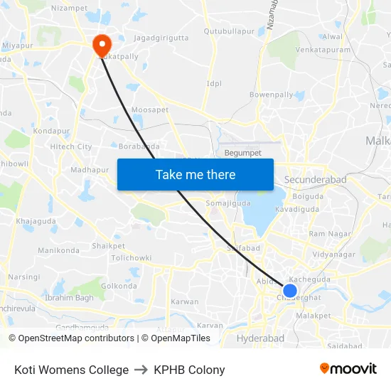 Koti Womens College to KPHB Colony map