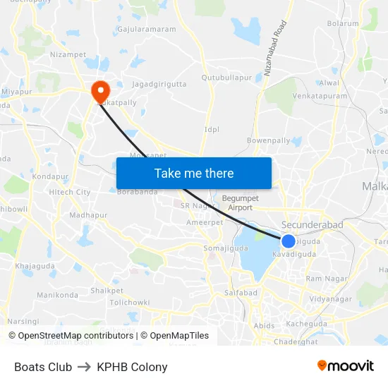 Boats Club to KPHB Colony map