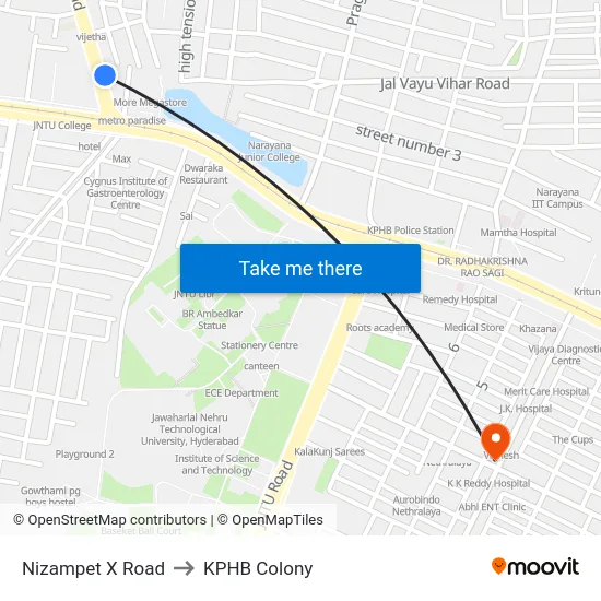 Nizampet X Road to KPHB Colony map