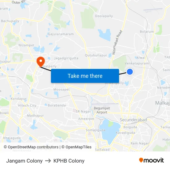 Jangam Colony to KPHB Colony map