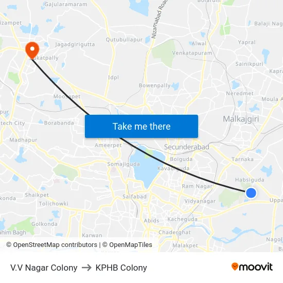 V.V Nagar Colony to KPHB Colony map