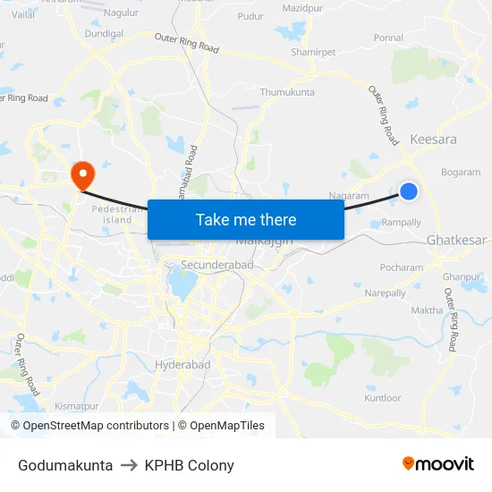 Godumakunta to KPHB Colony map