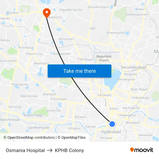 Osmania Hospital to KPHB Colony map