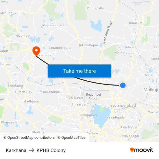 Karkhana to KPHB Colony map
