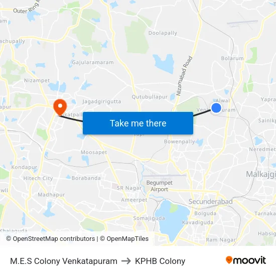 M.E.S Colony Venkatapuram to KPHB Colony map