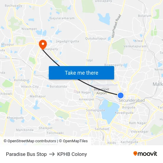 Paradise Bus Stop to KPHB Colony map
