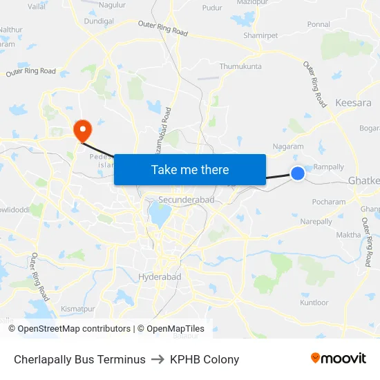 Cherlapally Bus Terminus to KPHB Colony map